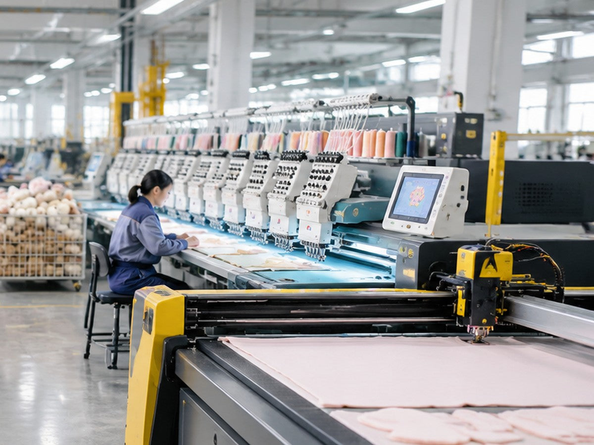 Multi-head embroidery machines on the production line