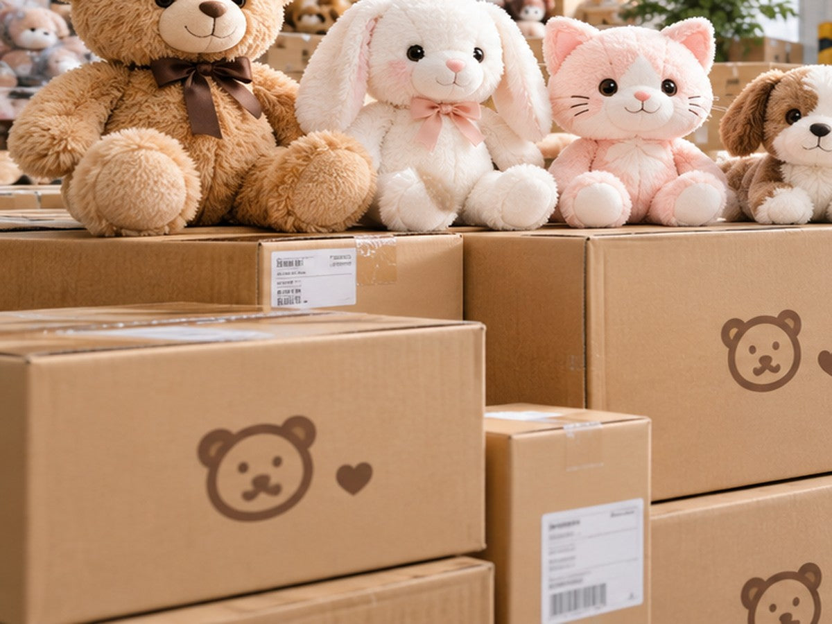 Printed cartons with plush toys packed for shipping