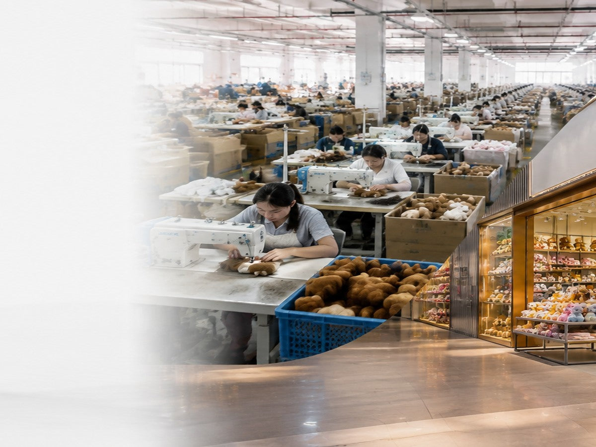 Plush toy production floor with operators at sewing machines