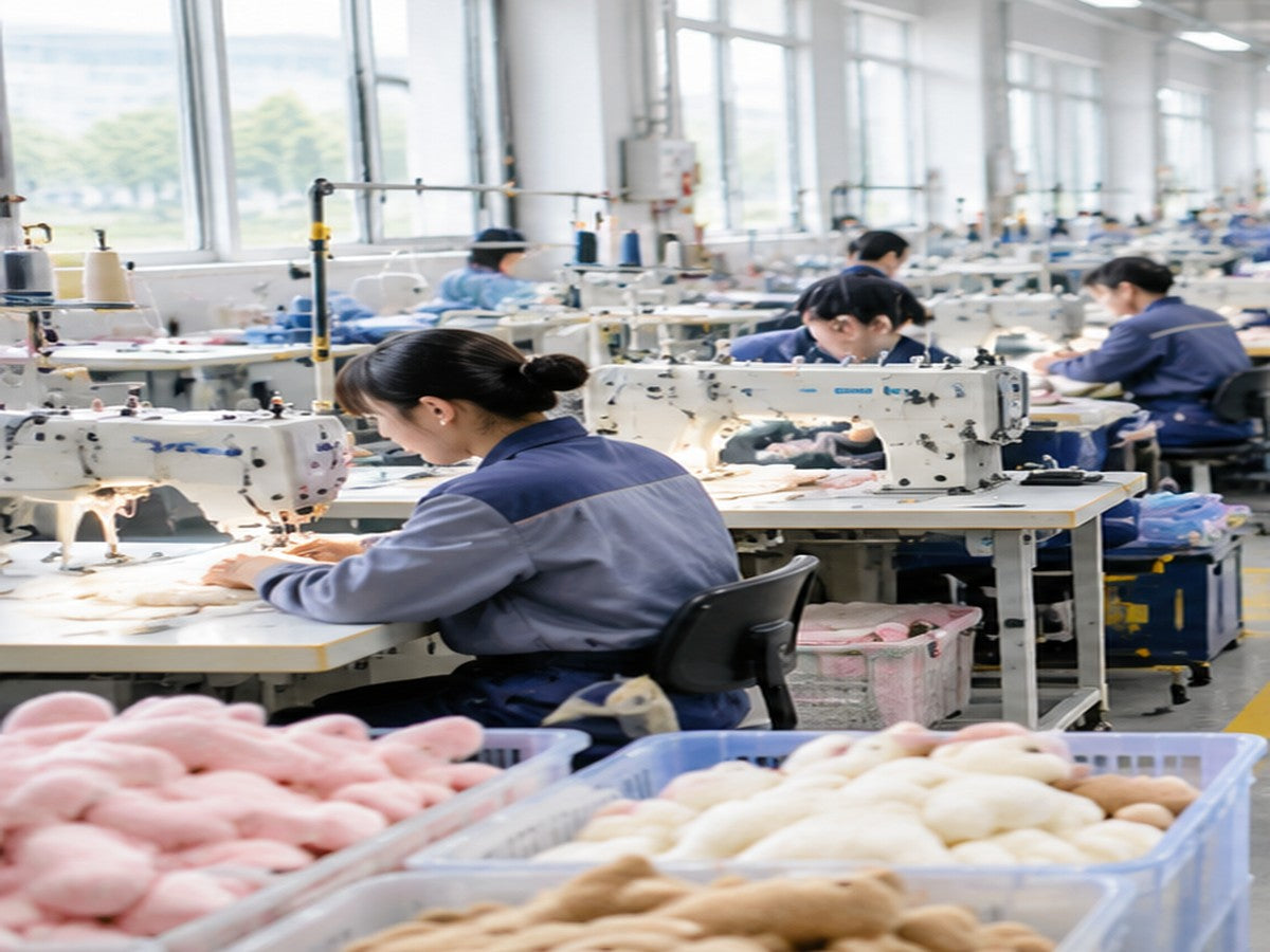 Operators sewing plush toy panels at workstations